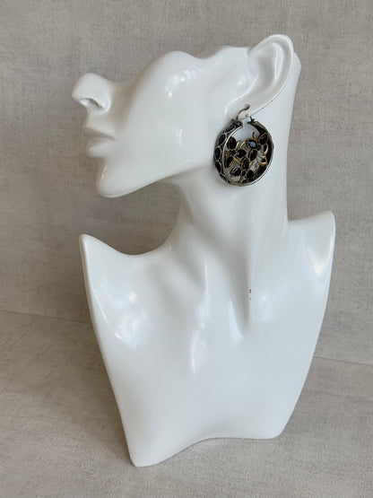 Ayura Designs Nureh Earrings – Dual Tone Floral Hoop Earrings with Black Stones & Cutwork Detailing
