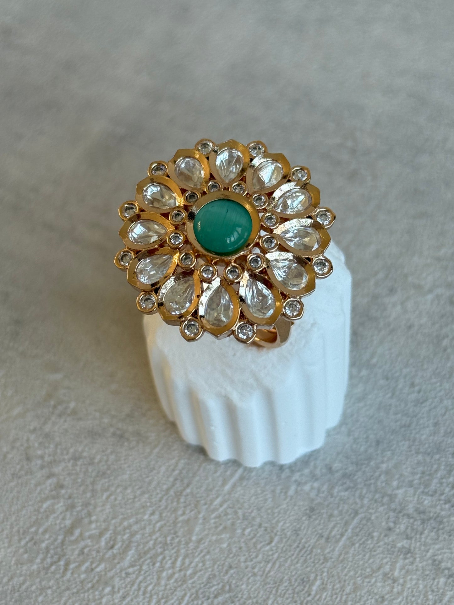 Ayura Designs Luisa Adjustable Ring – Mint Centre Stone with Crystal Petal Detailing