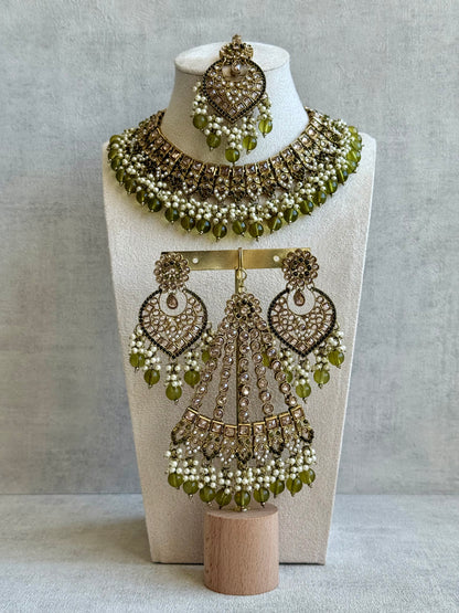 Ayura Designs Sabeen Set with Choker, Jhumkis, Tikka & Jhoomar – Champagne Kundan, Pearl Clusters & Olive Green Beads
