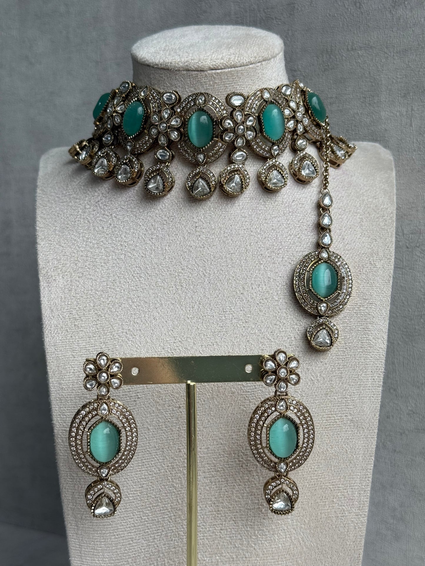 Ayura Designs Emanya Choker Set – Choker, Earrings & Tikka with Mirror-Cut Stones, Aqua & Antique Gold Detailing