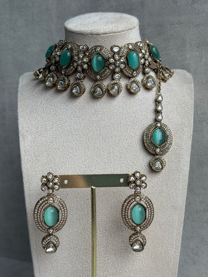 Ayura Designs Emanya Choker Set – Choker, Earrings & Tikka with Mirror-Cut Stones, Aqua & Antique Gold Detailing