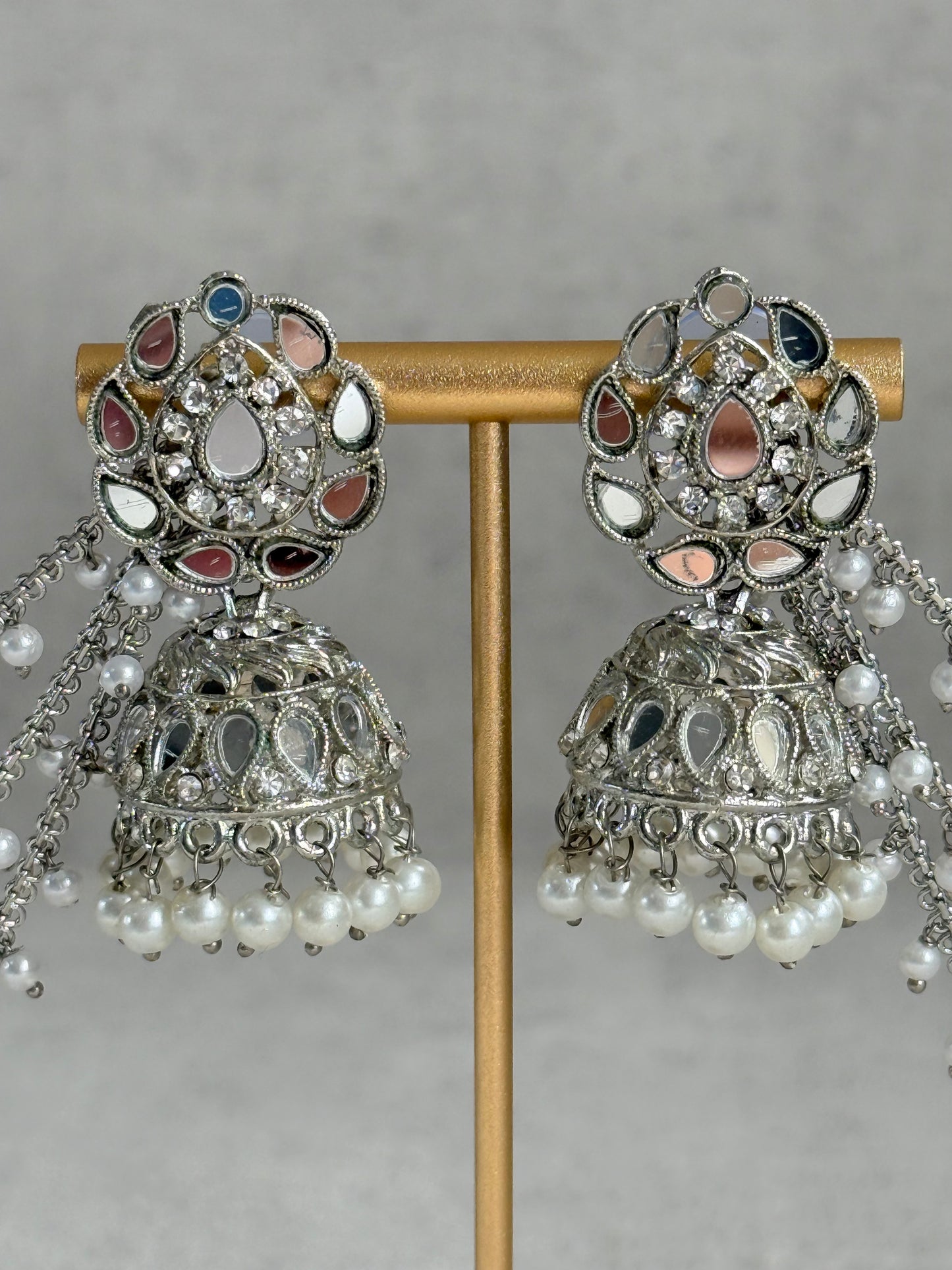 Ayura Designs Aiyana Jhumkis – Silver Mirror-Cut Earrings with Detachable Triple-Layer Pearl Sahare