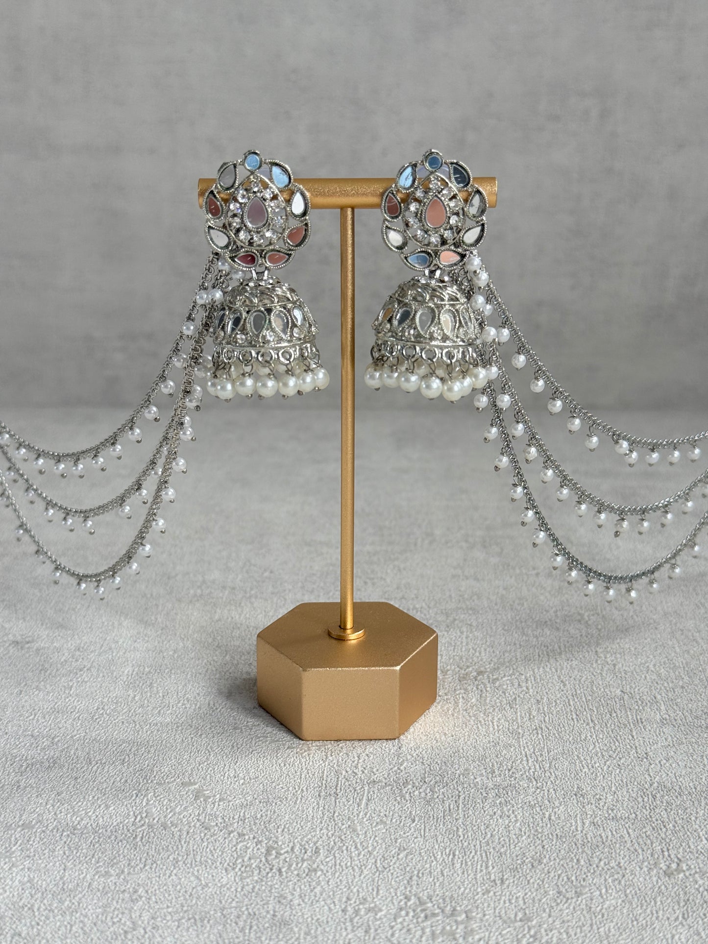 Ayura Designs Aiyana Jhumkis – Silver Mirror-Cut Earrings with Detachable Triple-Layer Pearl Sahare
