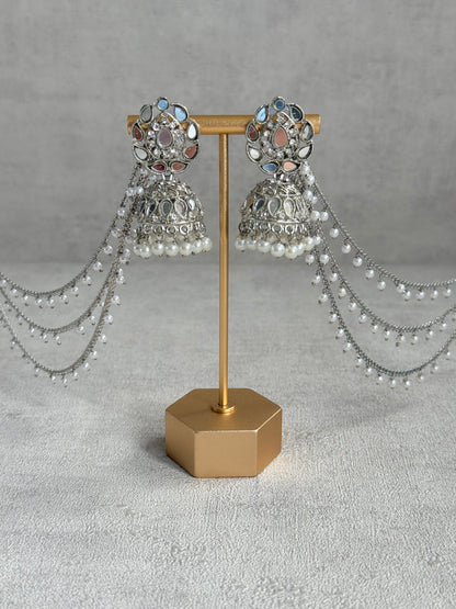Ayura Designs Aiyana Jhumkis – Silver Mirror-Cut Earrings with Detachable Triple-Layer Pearl Sahare