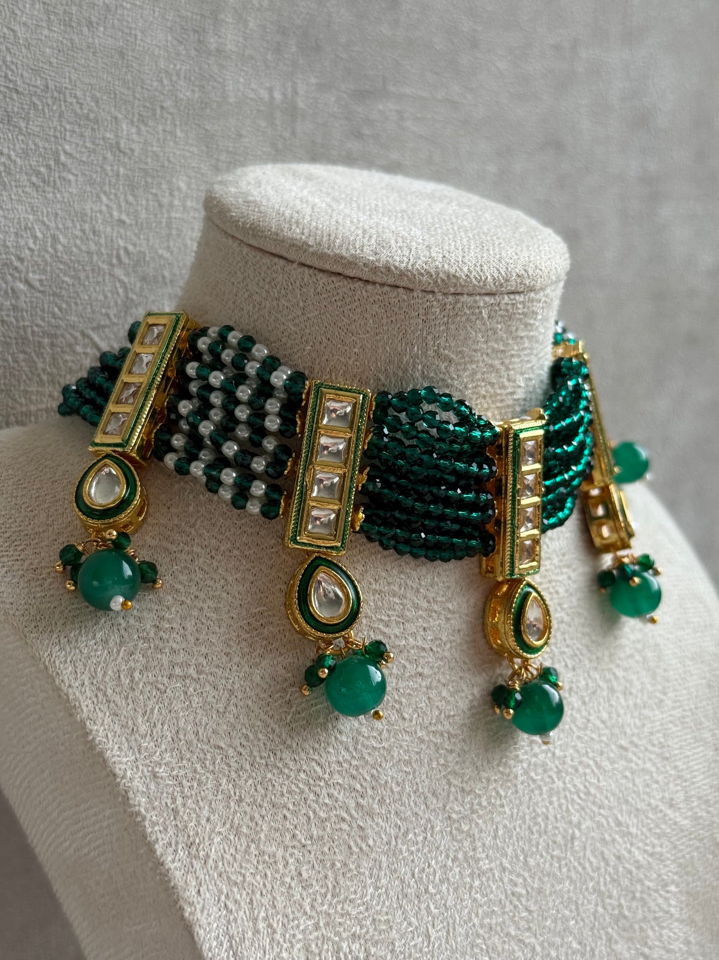 Ayura Designs Taanvi Choker Set – Emerald Green Beaded Choker & Earrings with Kundan Panels, Gold Finish & Drop Detailing