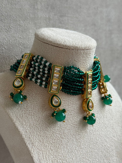 Ayura Designs Taanvi Choker Set – Emerald Green Beaded Choker & Earrings with Kundan Panels, Gold Finish & Drop Detailing