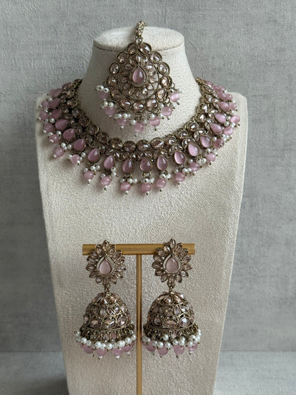 Ayura Designs Emaan Set – Necklace, Jhumkis & Tikka with Blush Pink Stones, Ivory Pearls & Champagne Gold Finish
