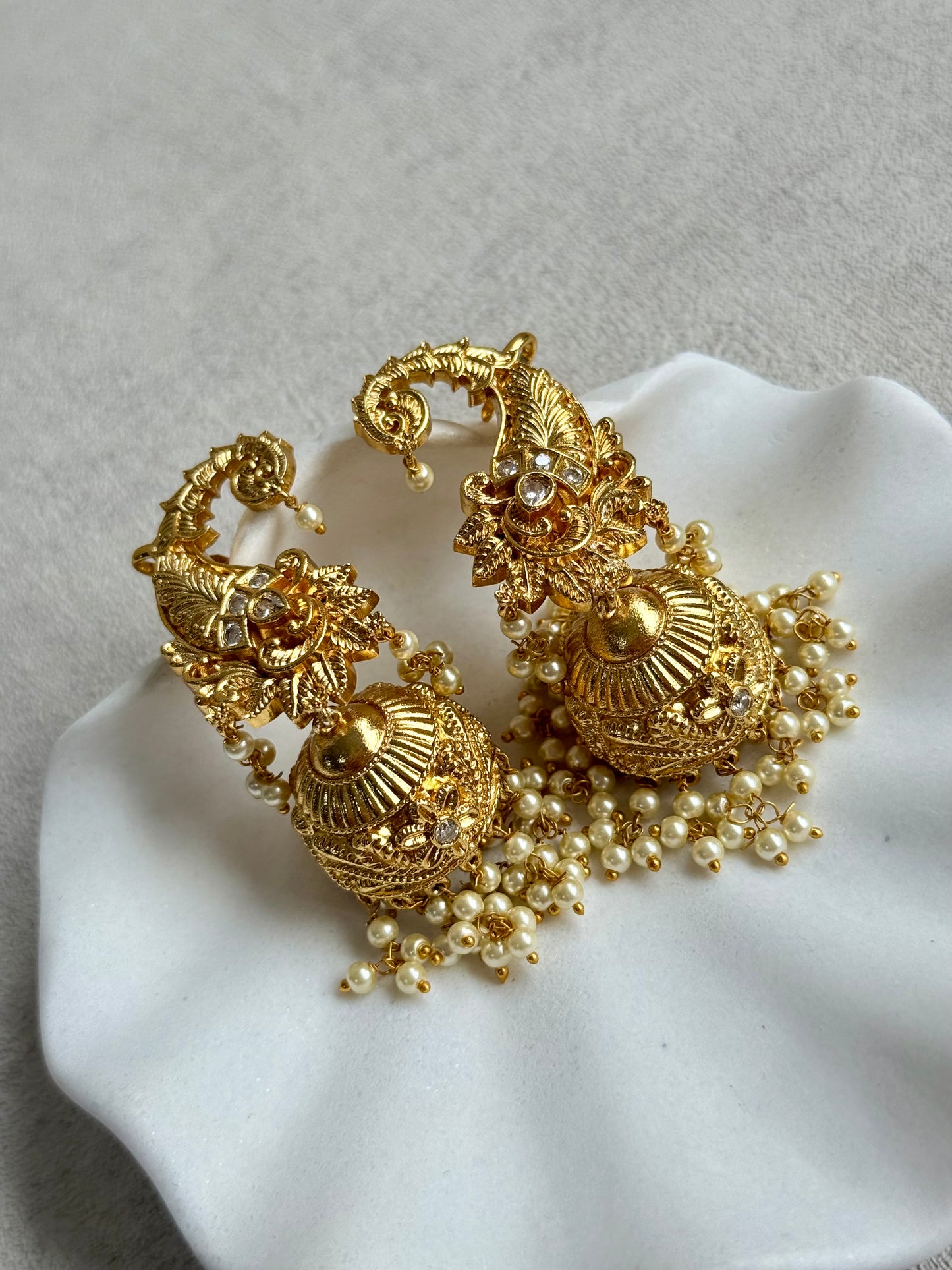 Ayura Designs Anika Jhumkis – Gold Half Ear Cuffs with Floral Motif, Kundan Crystals & Pearl Jhumka Drops