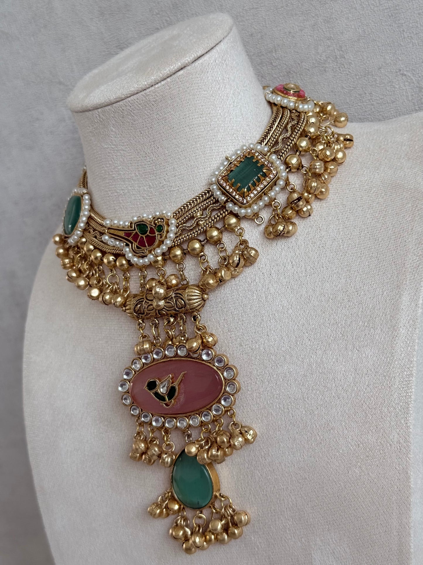 Ayura Designs Ahista Necklace Set with Earrings – Statement Pendant Necklace with Pink & Aqua Green Cat Eye Stones, Pearl Detailing & Ghungroo Accents