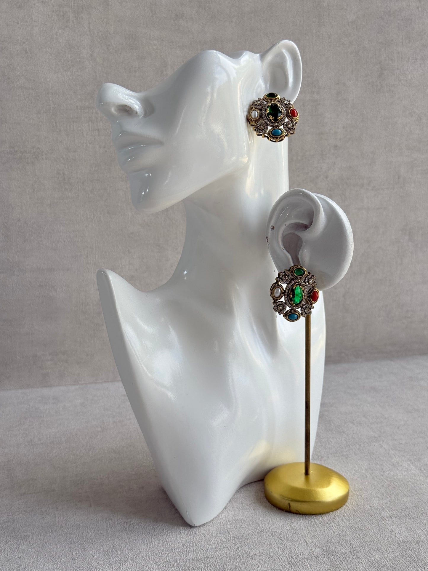 Ayura Designs Celia Stud Earrings – Emerald Green & Multicolour Stones with Gold Finish