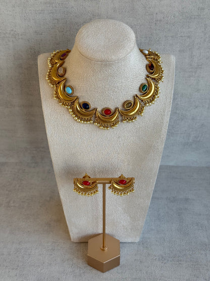 Ayura Designs Laksha Set with Earrings – Antique Gold Crescent Motifs, Multicolour Stones & Pearl Detailing
