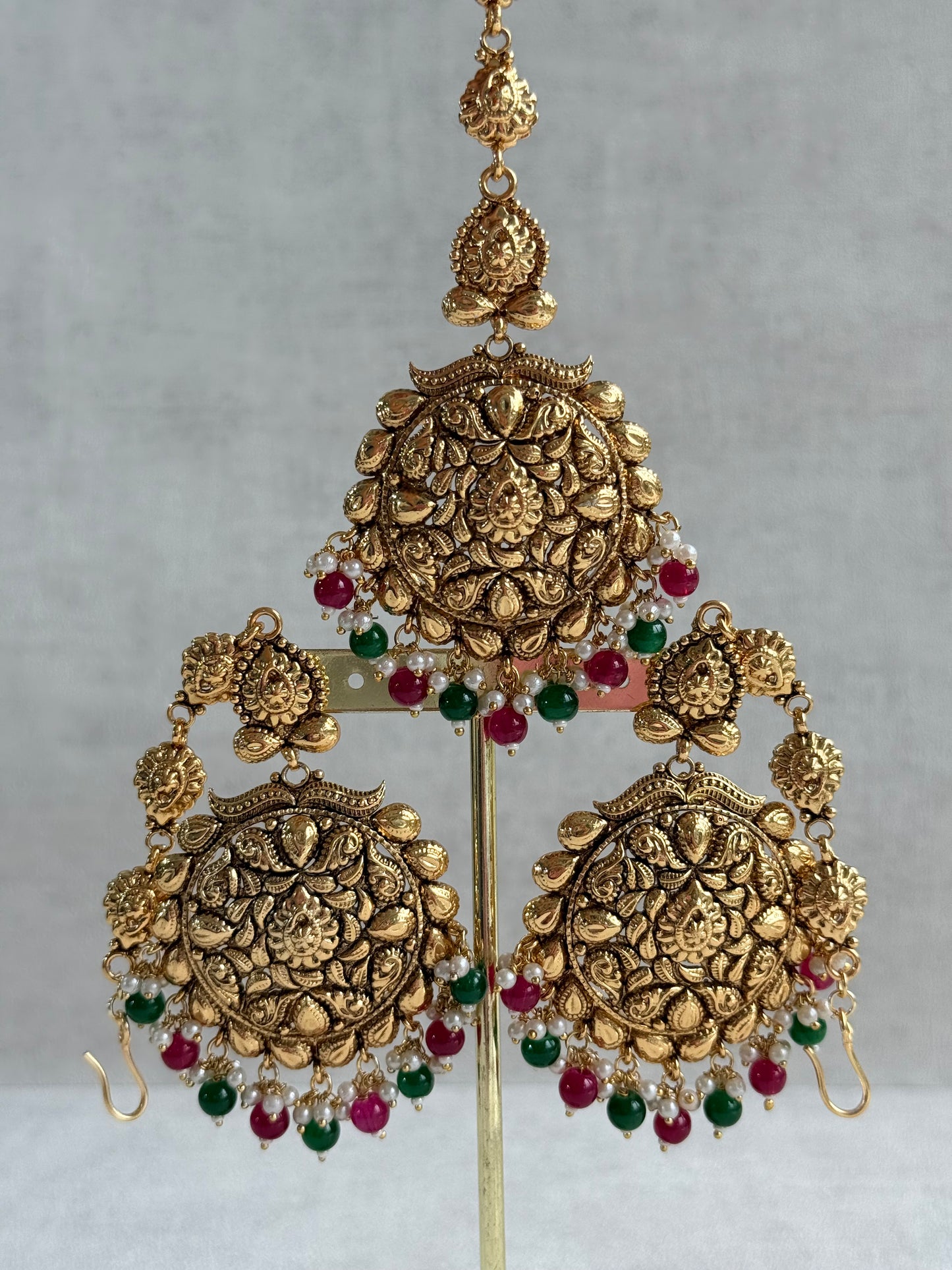 Ayura Designs Karima Choker Set with Sahare Earrings & Tikka – Waterfall Design, Rani Pink & Green Beads, Pearls & Antique Gold Finish
