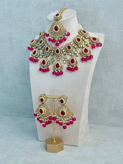 Ayura Designs Janvi Set with Necklace, Earrings & Tikka – Kundan Detailing, Hot Pink Beads & Ivory Pearl Drops