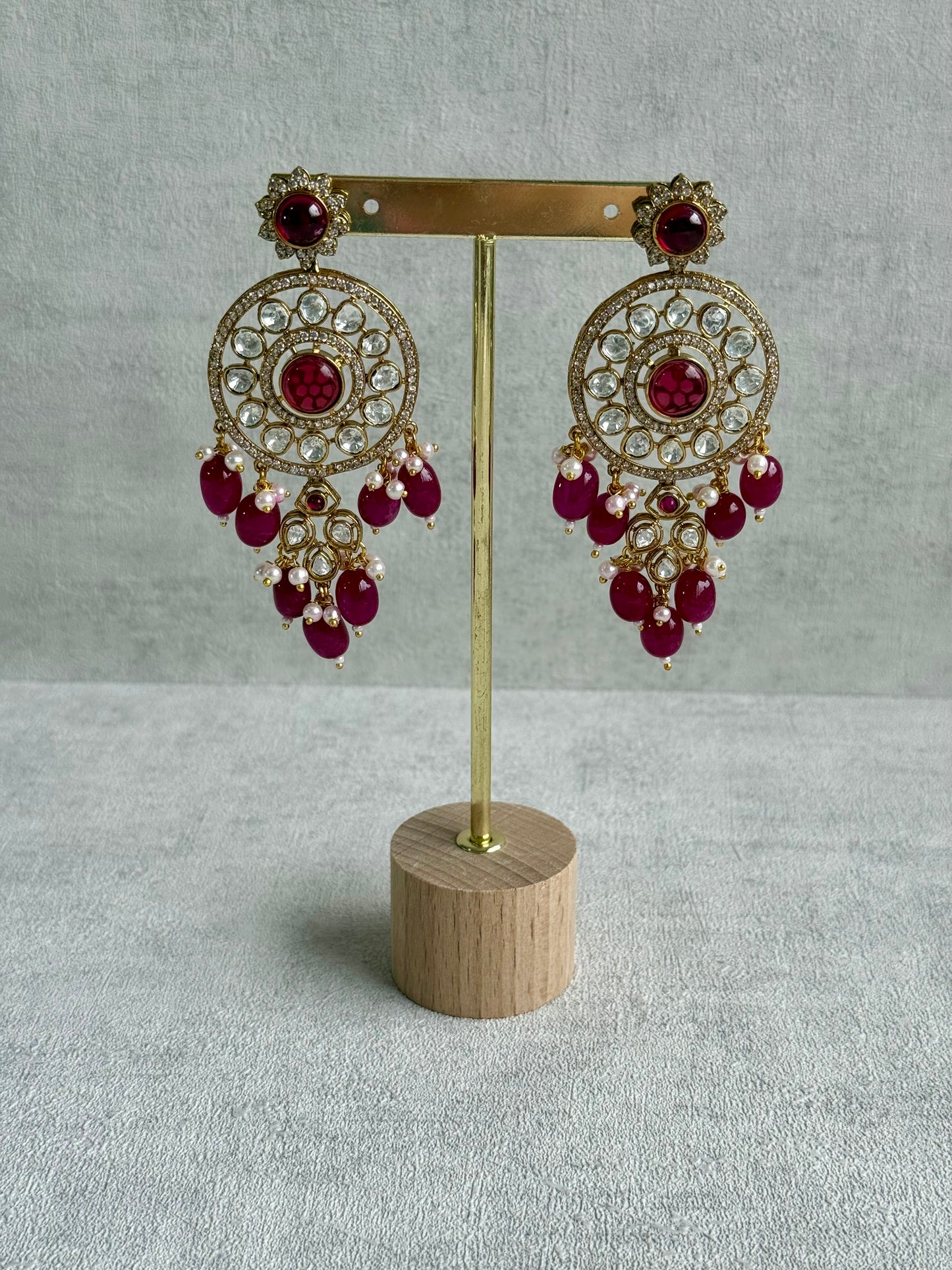Ayura Designs Harper Set – Antique Gold Choker & Earrings with Deep Berry Pink Beads, Kundan Stones & Pearl Detailing