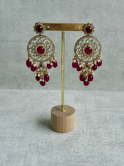 Ayura Designs Harper Set – Antique Gold Choker & Earrings with Deep Berry Pink Beads, Kundan Stones & Pearl Detailing