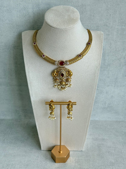 Ayura Designs Wadha Collar Necklace Set with Earrings – Gold Elephant Pendant & Ruby Red Stone Detailing
