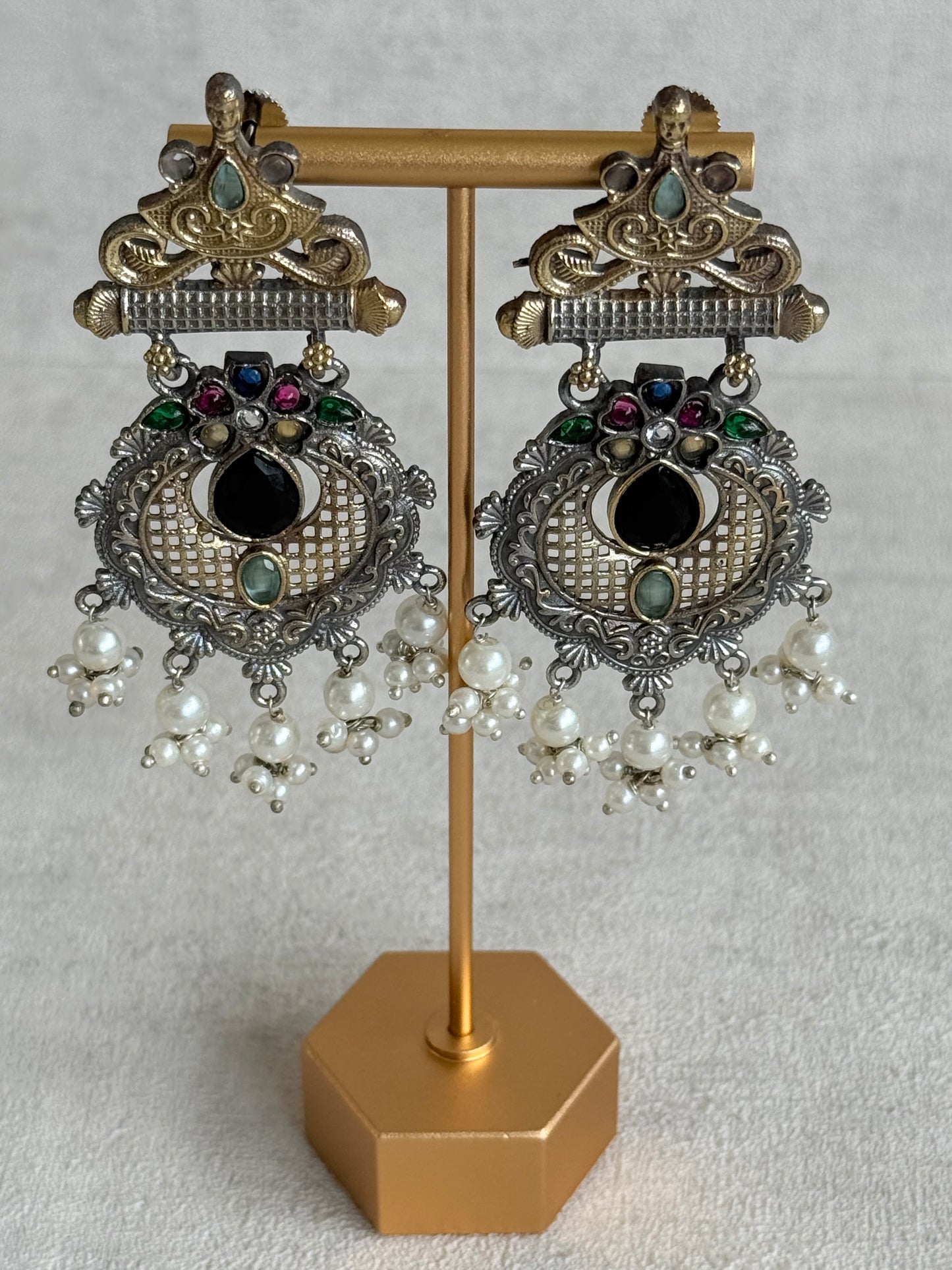 Ayura Designs Taali Earrings – Dual Tone Oxidised Statement Earrings with Multicolour Stones & Pearl Clusters
