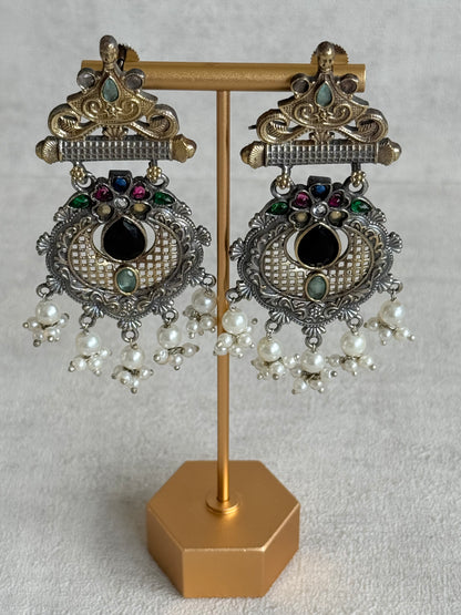 Ayura Designs Taali Earrings – Dual Tone Oxidised Statement Earrings with Multicolour Stones & Pearl Clusters