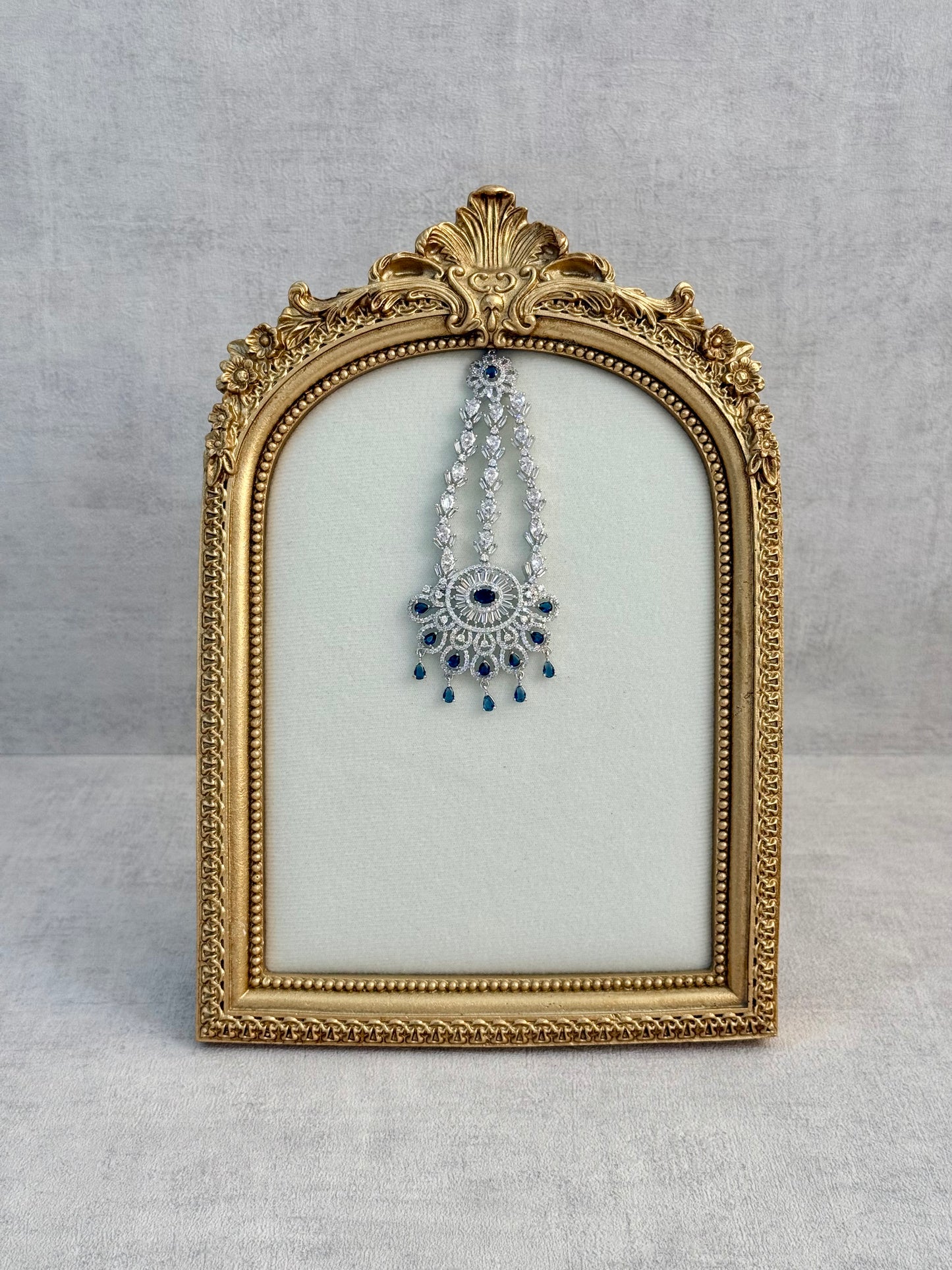 Ayura Designs Anna Jhoomar Passa – Silver Finish with Sapphire Blue Stones & Crystal Detailing