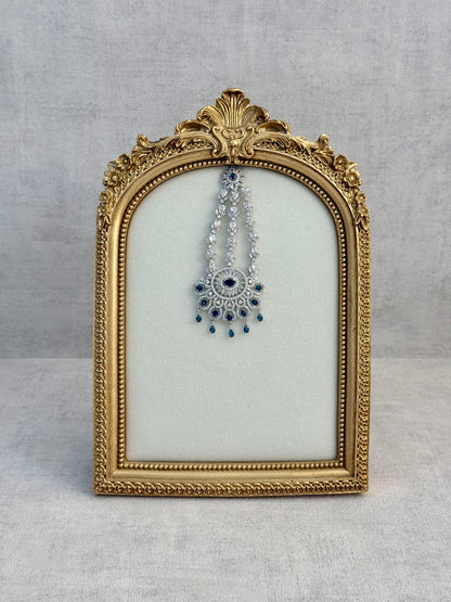 Ayura Designs Anna Jhoomar Passa – Silver Finish with Sapphire Blue Stones & Crystal Detailing