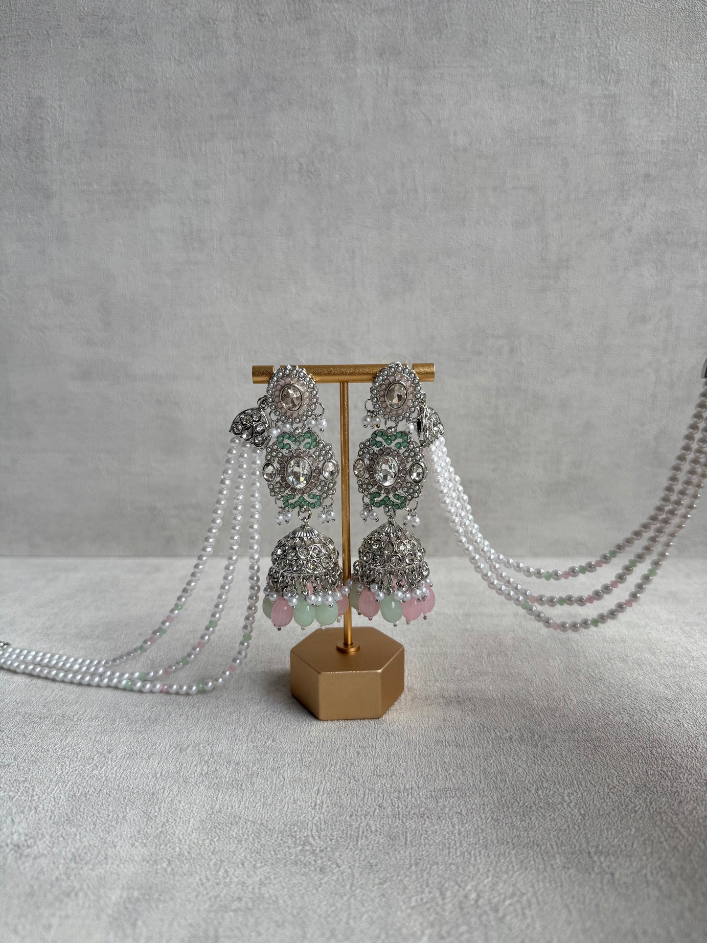 Ayura Designs Uzairah Set with Tikka & Sahare Jhumkis – Pastel Mint & Blush Beads with Pearl Strands & Mirror-Cut Detailing
