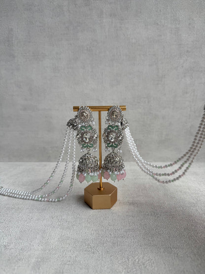 Ayura Designs Uzairah Set with Tikka & Sahare Jhumkis – Pastel Mint & Blush Beads with Pearl Strands & Mirror-Cut Detailing