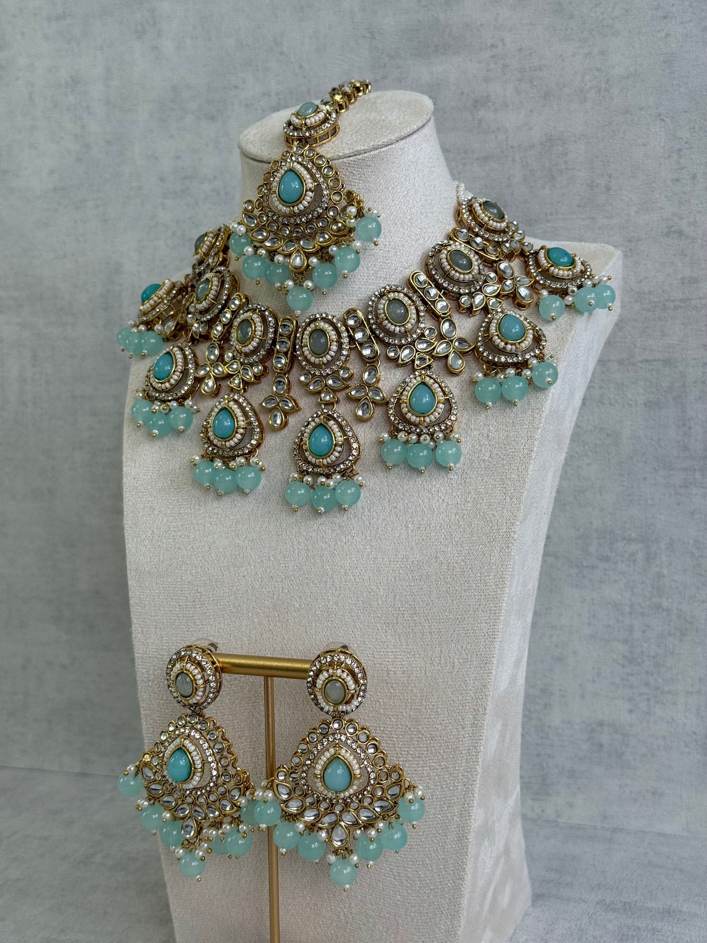 Ayura Designs Janvi Set with Necklace, Earrings & Tikka – Kundan Detailing, Aqua Blue Beads & Ivory Pearl Drops