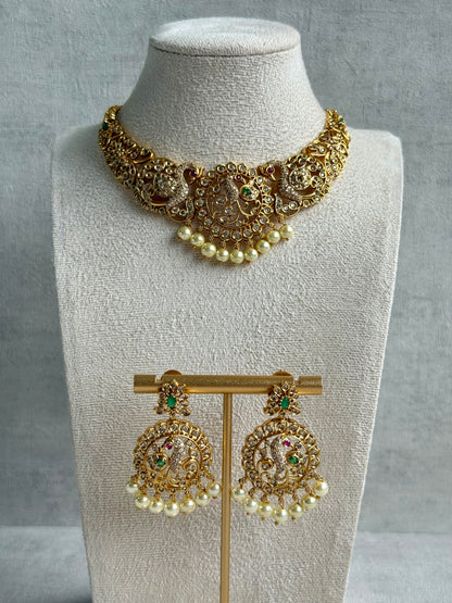 Ayura Designs Vedya Set – Antique Gold Peacock Necklace with Kundan, Emerald & Pearl Detailing