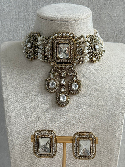 Ayura Designs Nabiha Choker Set with Studs – Ivory Pearl, Crystal Detailing & Gold Finish