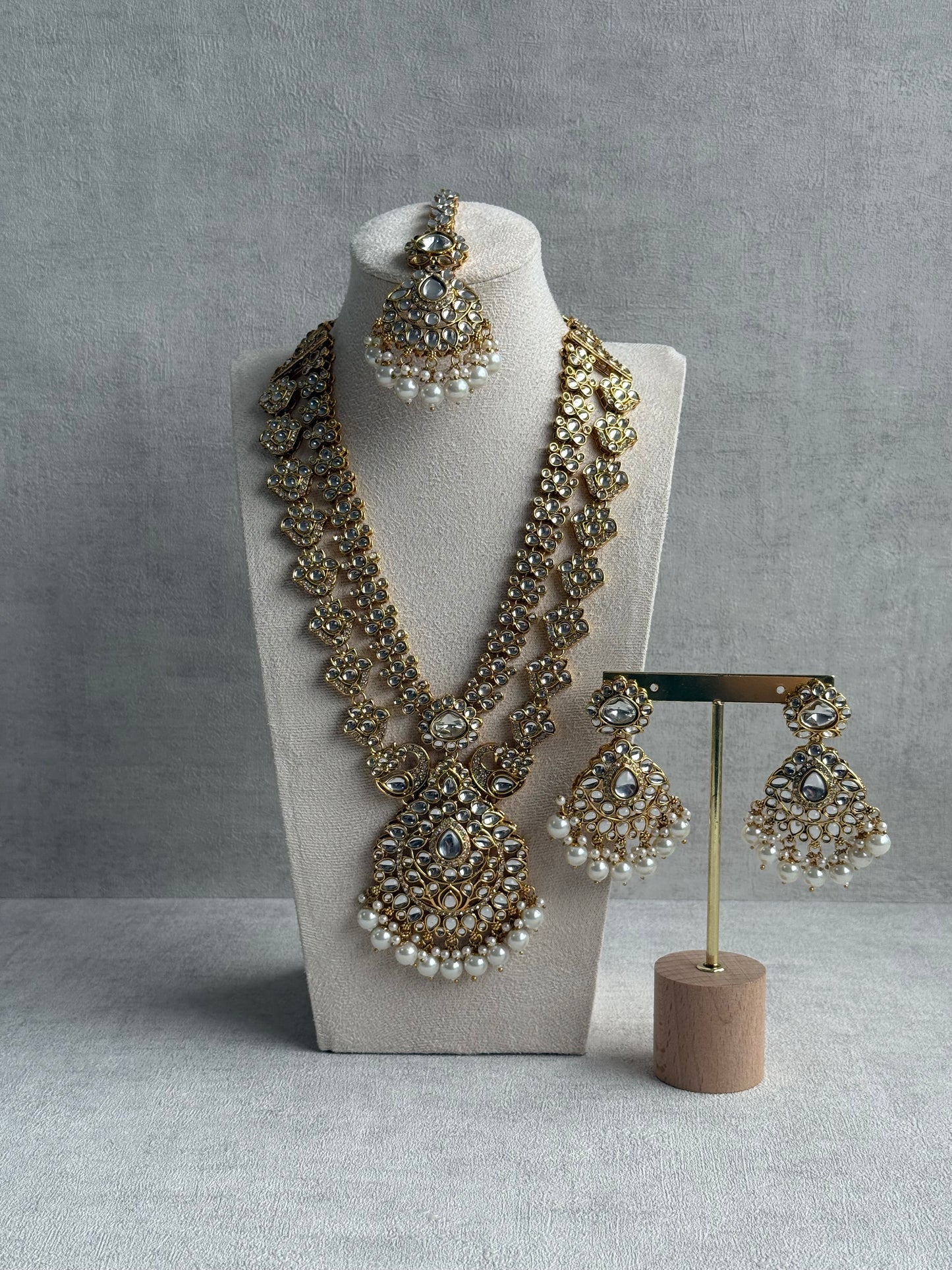 Ayura Designs Javeria Set with Earrings & Tikka – Ivory Pearls, Mirror Kundan & Gold Finish