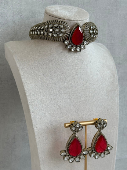 Ayura Designs Ziva Choker Set with Earrings – Ruby Red Teardrop Stone with Moissanite Style Detailing