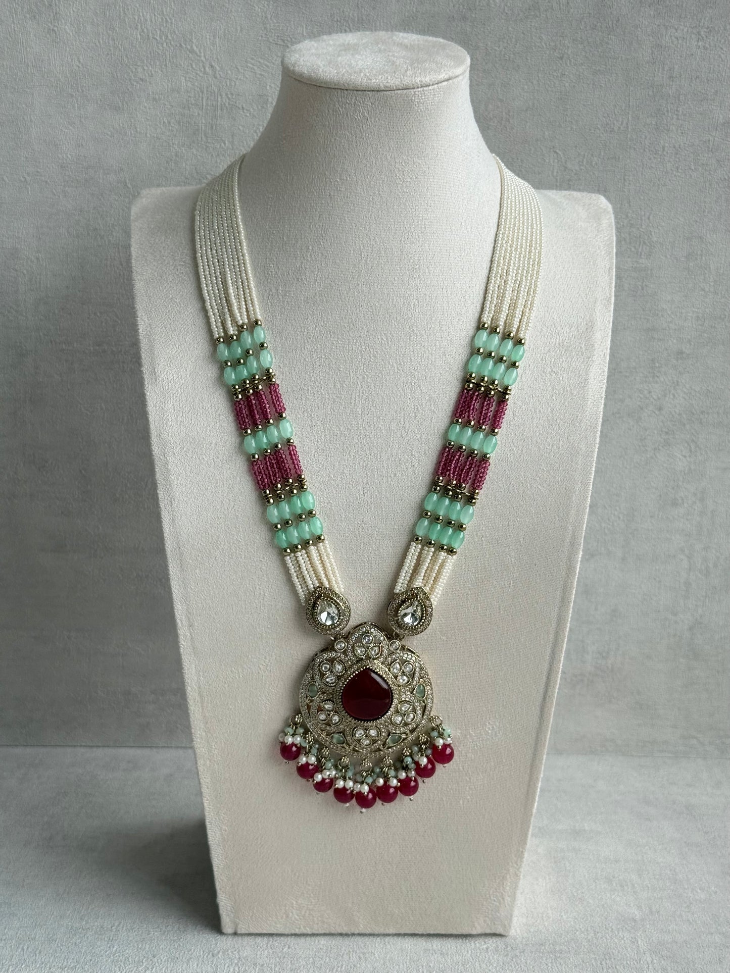 Ayura Designs Brielle Set – Necklace & Jhumkis with Mirror-Cut Stones, Ruby Red, Mint Green & Ivory Pearl Detailing