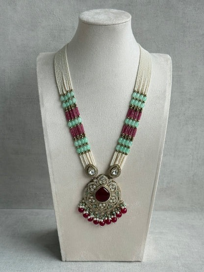 Ayura Designs Brielle Set – Necklace & Jhumkis with Mirror-Cut Stones, Ruby Red, Mint Green & Ivory Pearl Detailing