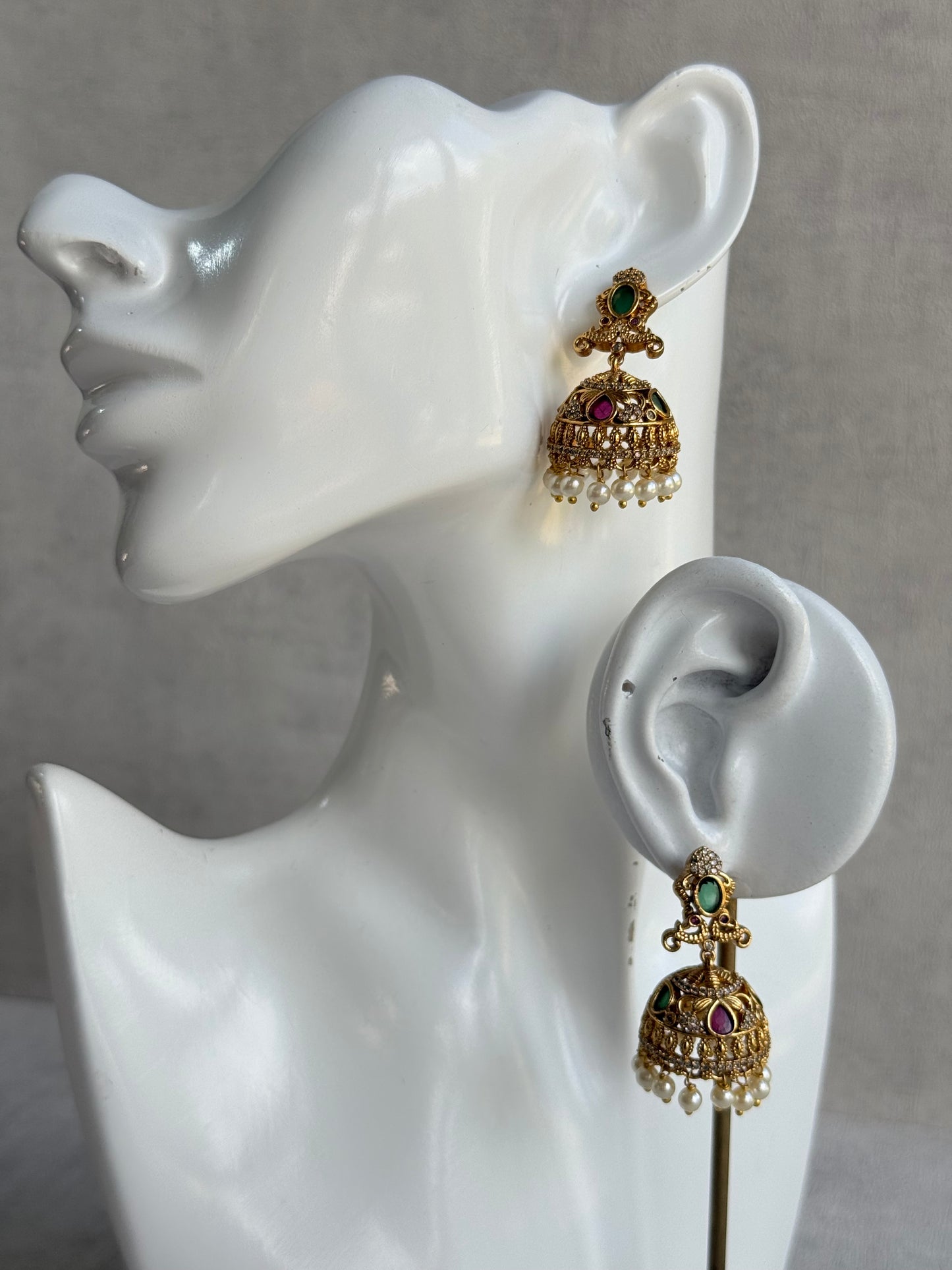 Ayura Designs Ehla Jhumkis – Gold Peacock Design with Green & Ruby Pink Stones, Crystals & Pearl Drops