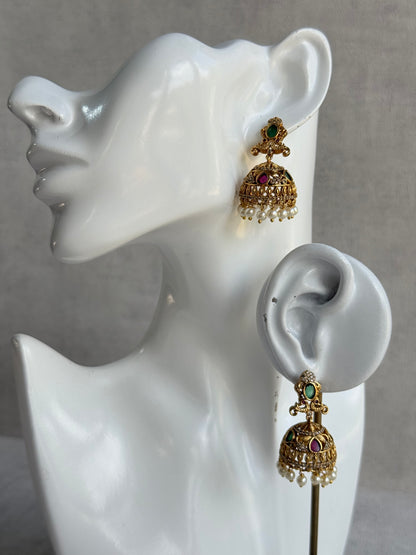 Ayura Designs Ehla Jhumkis – Gold Peacock Design with Green & Ruby Pink Stones, Crystals & Pearl Drops