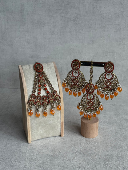 Ayura Designs Almas Tikka Set with Earrings, Tikka & Sahara – Orange Beads & Antique Gold Finish