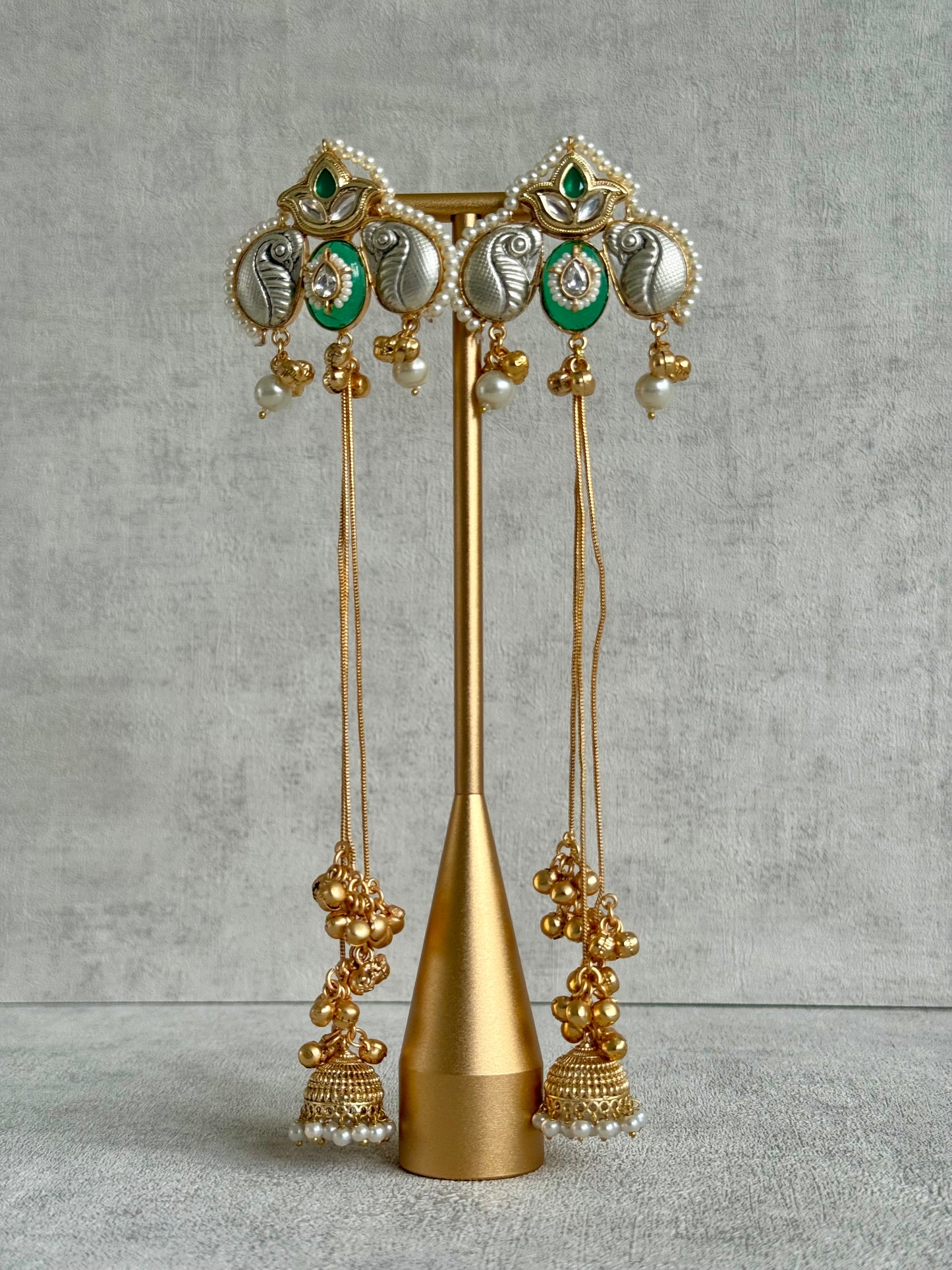 Ayura Designs Sozni Kashmiri Earrings – Meenakari with Emerald Green & Diamond-Cut Detailing