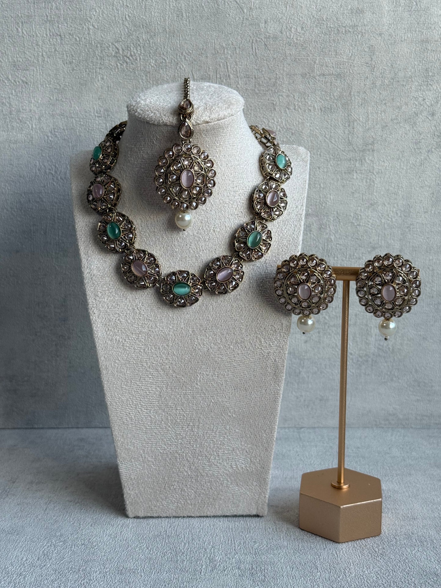 Ayura Designs Sania Set with Necklace, Earrings & Tikka – Mint & Blush Stones, Kundan Detailing & Antique Gold Finish