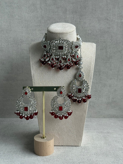 Ayura Designs Nandhini Set – Choker, Earrings & Tikka with Ruby Red Stones, Pearls & Silver Finish