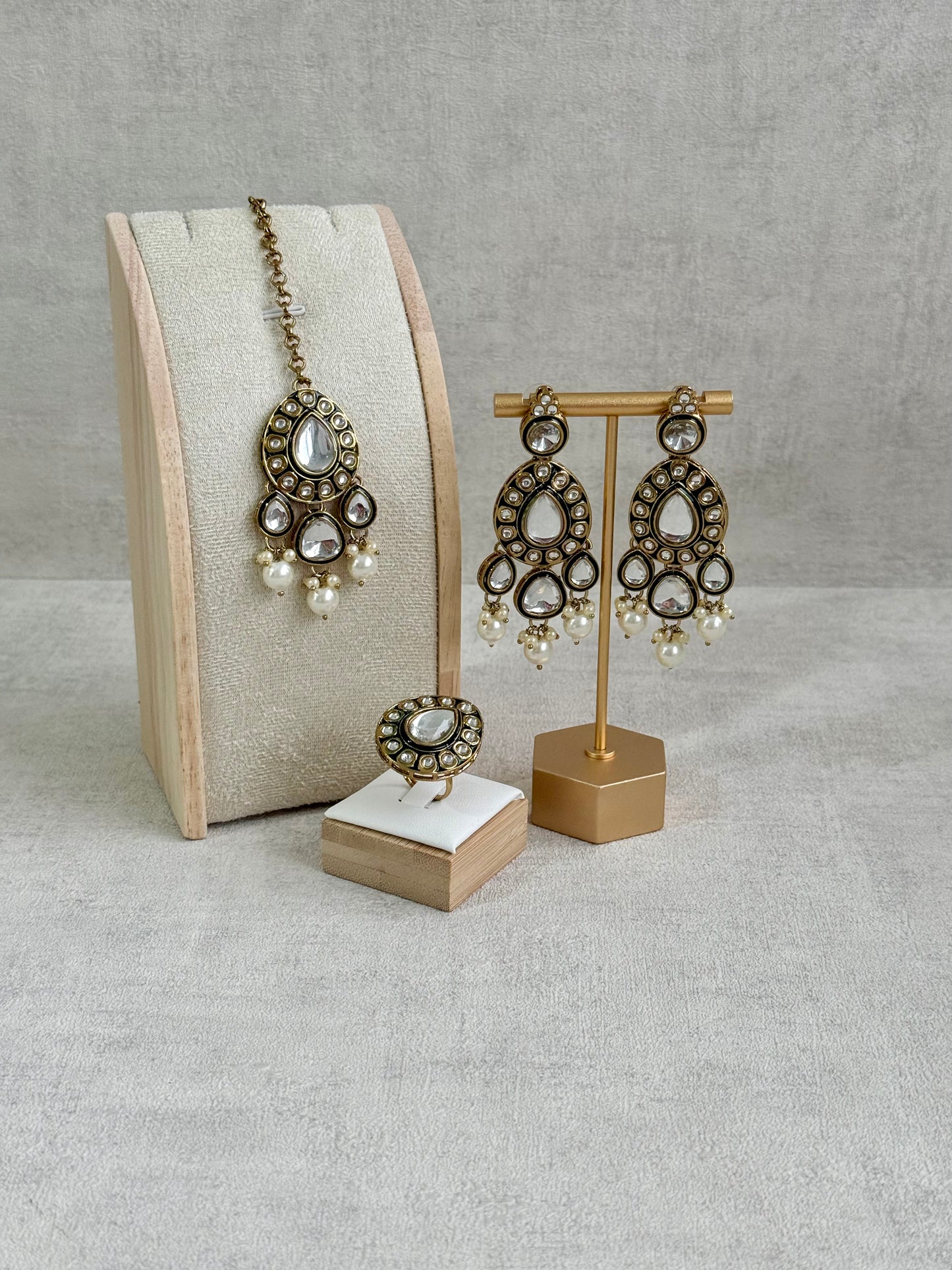 Ayura Designs Kalika Set with Necklace, Earrings, Tikka & Ring – Polki-Style Stones with Antique Green Enamel Detailing & Pearl Drops