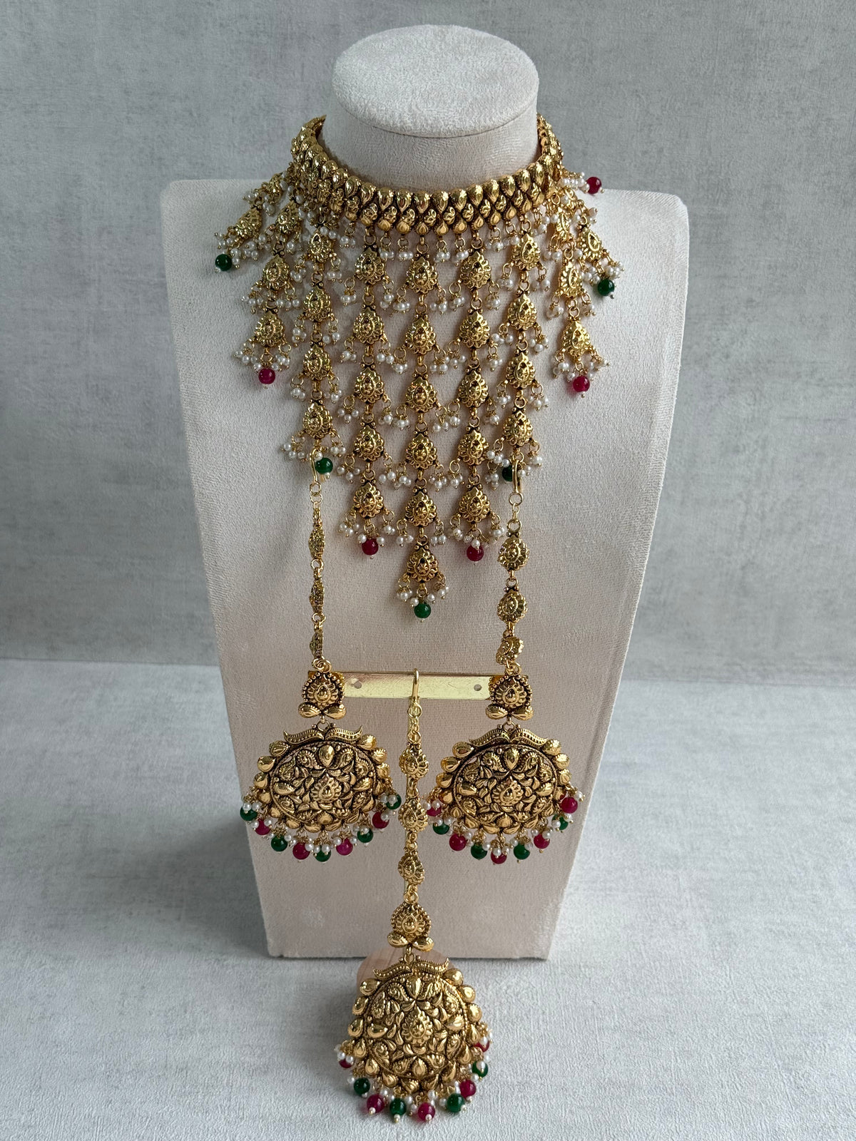 Ayura Designs Karima Choker Set with Sahare Earrings & Tikka – Waterfall Design, Rani Pink & Green Beads, Pearls & Antique Gold Finish