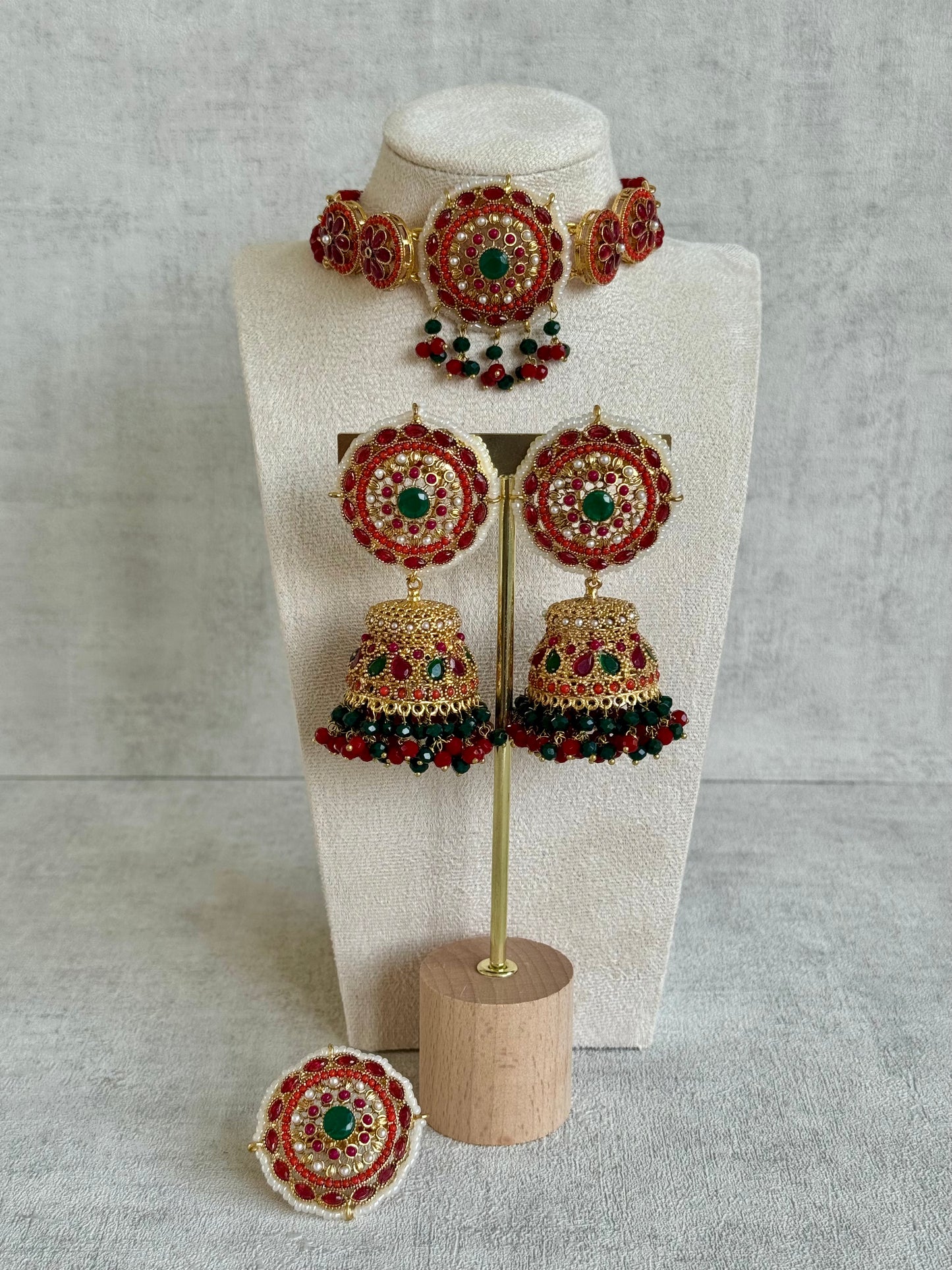 Ayura Designs Lubna Choker Set with Jhumkis & Ring – Ruby Red, Emerald Green & Pearl Detailing in Antique Gold Finish
