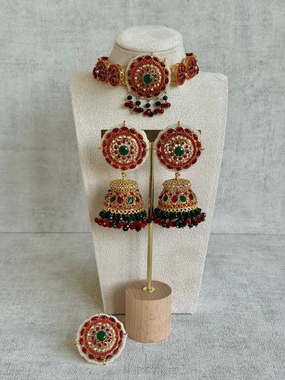 Ayura Designs Lubna Choker Set with Jhumkis & Ring – Ruby Red, Emerald Green & Pearl Detailing in Antique Gold Finish