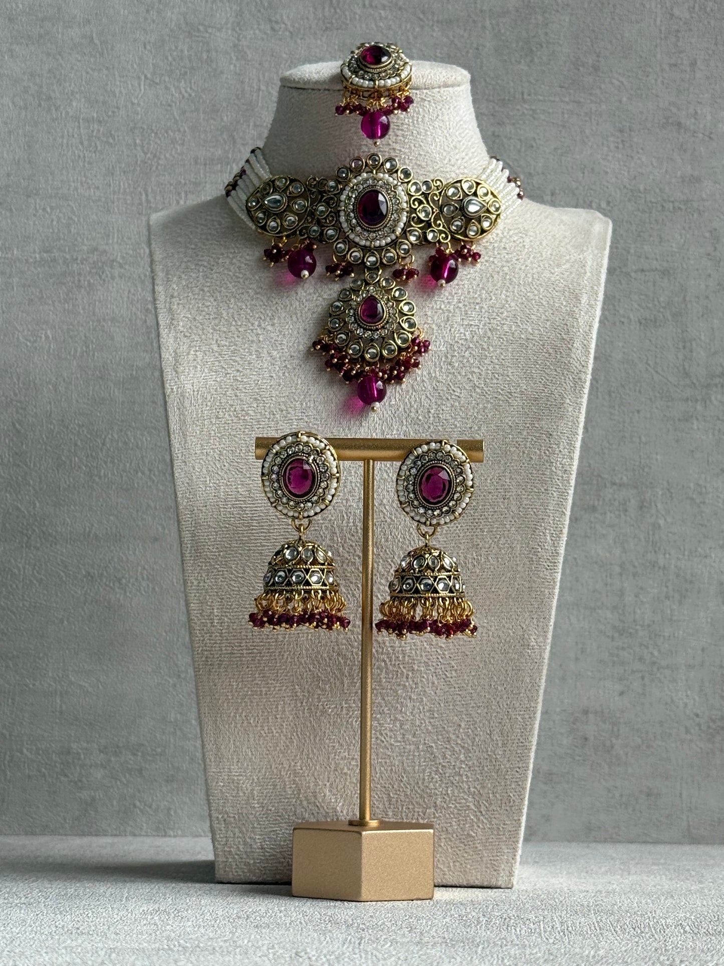 Ayura Designs Muskaan Set – Choker, Jhumkis & Tikka with Magenta Beads, Kundan Stones & Antique Gold Finish