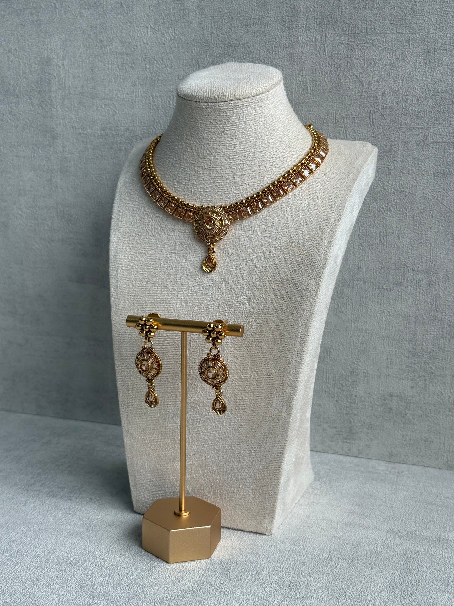 Ayura Designs Nithya Set – Gold Necklace & Earrings with Champagne Crystal Stones