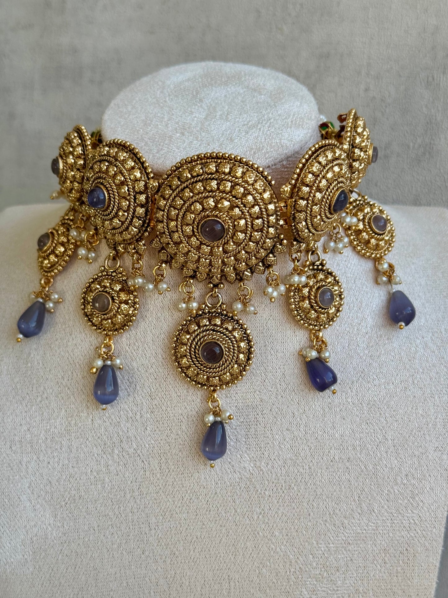 Ayura Designs Noor Set – Gold Choker, Earrings & Tikka with Grey Stone Accents