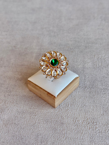 Ayura Designs Luisa Adjustable Ring – Emerald Green Centre Stone with Crystal Petal Detailing