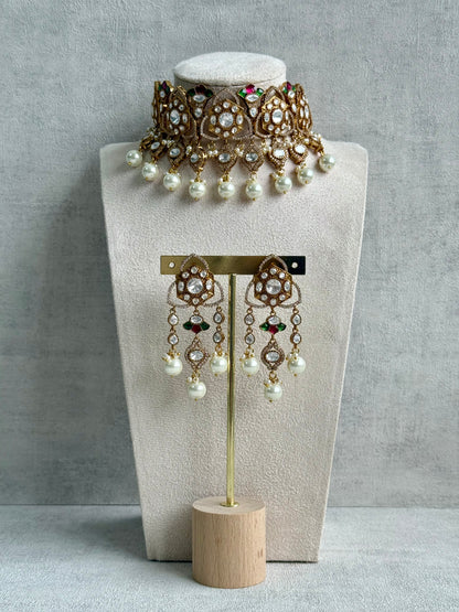 Ayura Designs Serina Choker Set with Earrings – Green & Pink Enamel, Mirror-Cut Stones & Pearl Drops