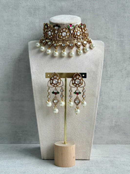 Ayura Designs Serina Choker Set with Earrings – Green & Pink Enamel, Mirror-Cut Stones & Pearl Drops