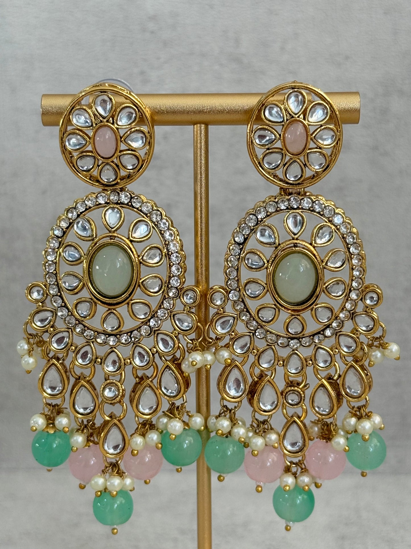 Ayura Designs Zara Set with Necklace, Earrings, Tikka & Passa – Antique Gold with Kundan Detailing & Mint Green & Blush Pink Beads